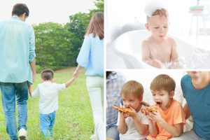 Collage of three images showing speech development activities: a family walking in a park, a young child playing in a bathtub, and two children eating pizza together.