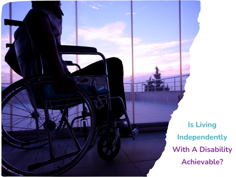 Person in a wheelchair facing a sunset through large windows, questioning independent living with a disability.