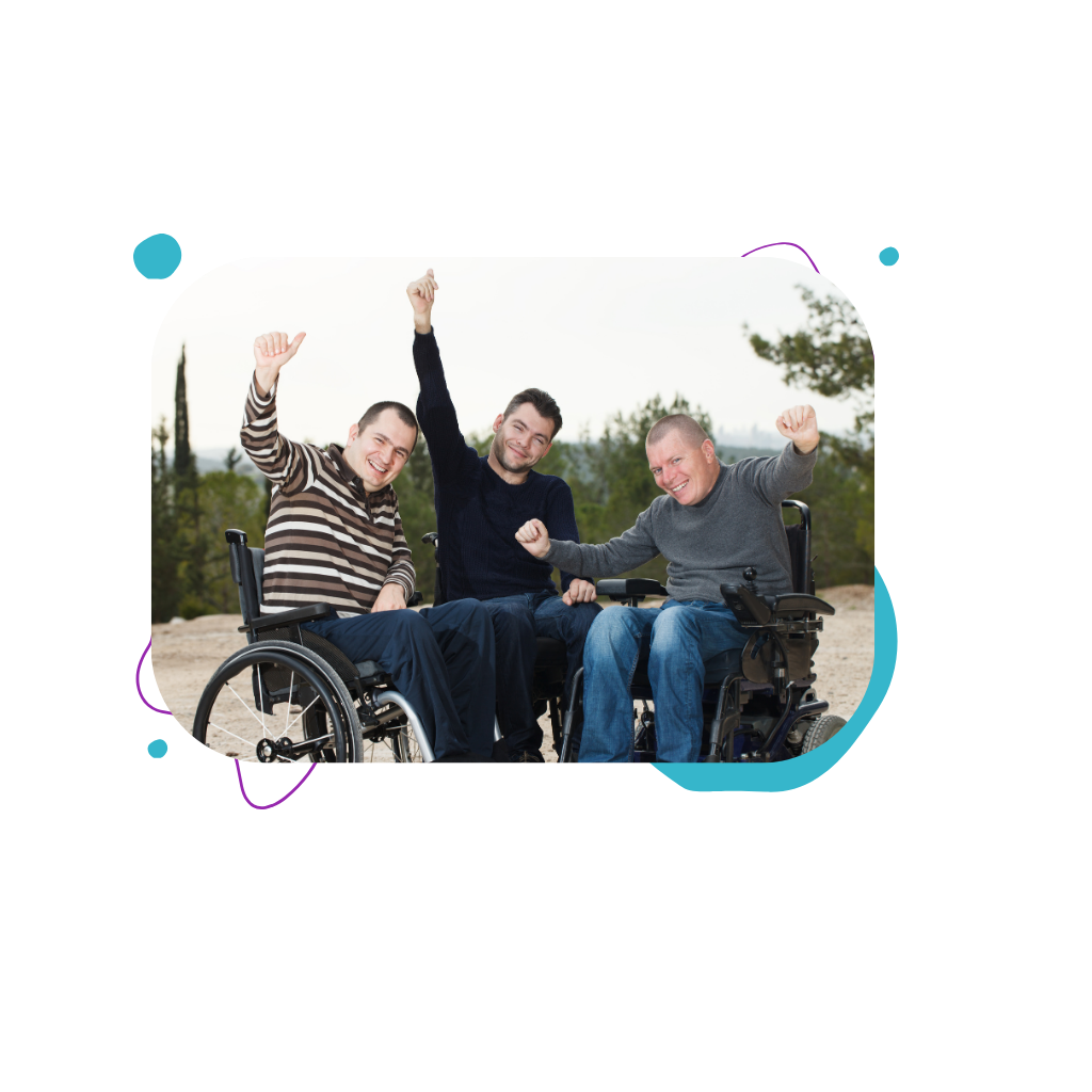 hree happy men in wheelchairs outdoors supported by trusted NDIS Providers Campbelltown for group social activities.