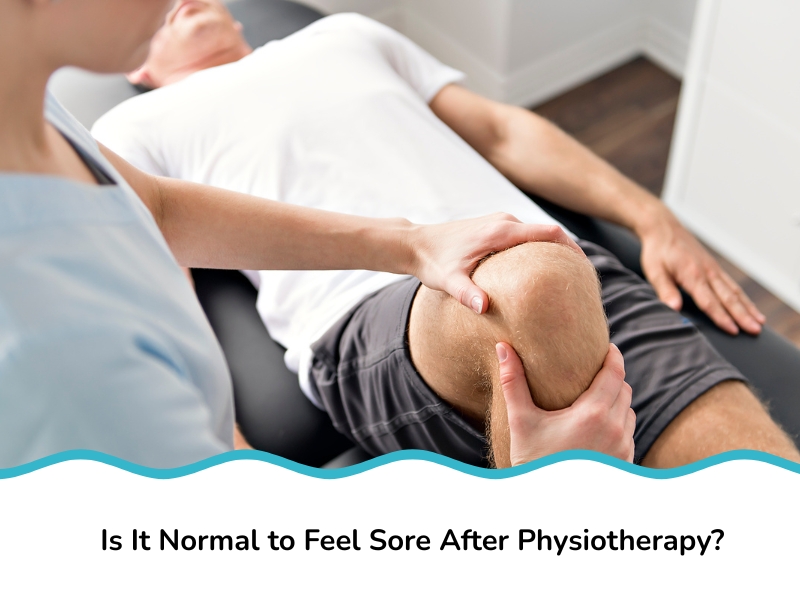 Man experiencing soreness after physiotherapy with a physiotherapist assisting him in a clinic setting.