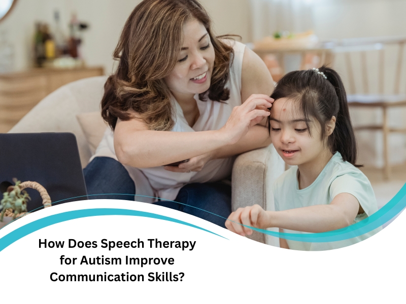 Speech therapy for autism improving communication as therapist assists girl with interactive learning activities.