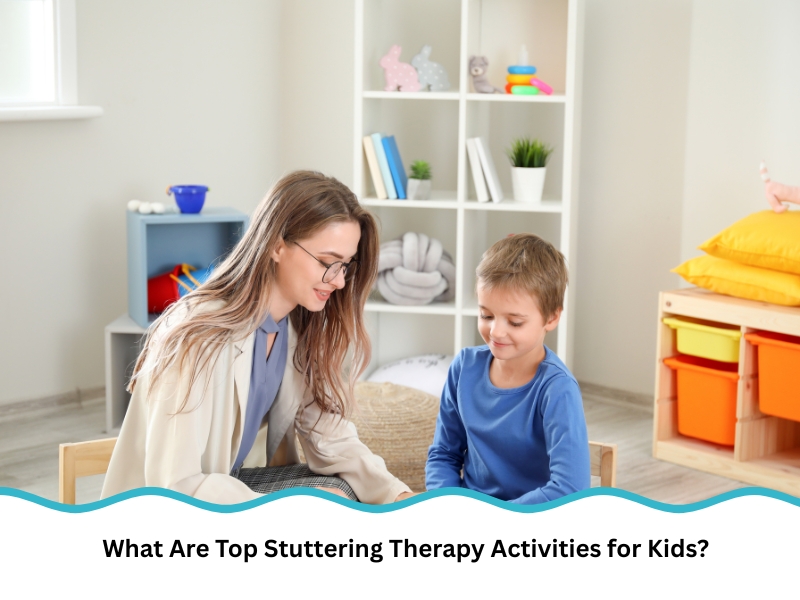 Speech therapist guiding child through stuttering therapy activities in a supportive setting.