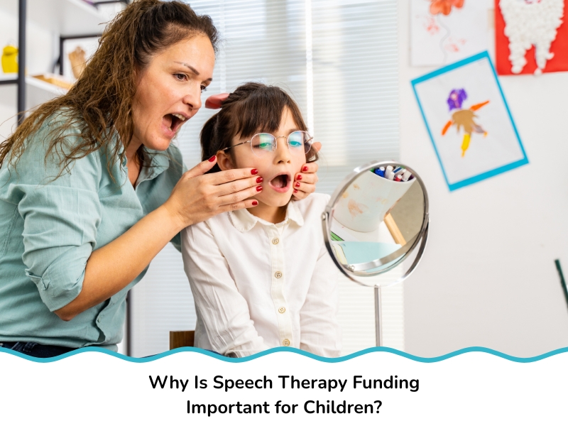 Speech therapist guiding child through pronunciation using mirror, highlighting importance of speech therapy funding.